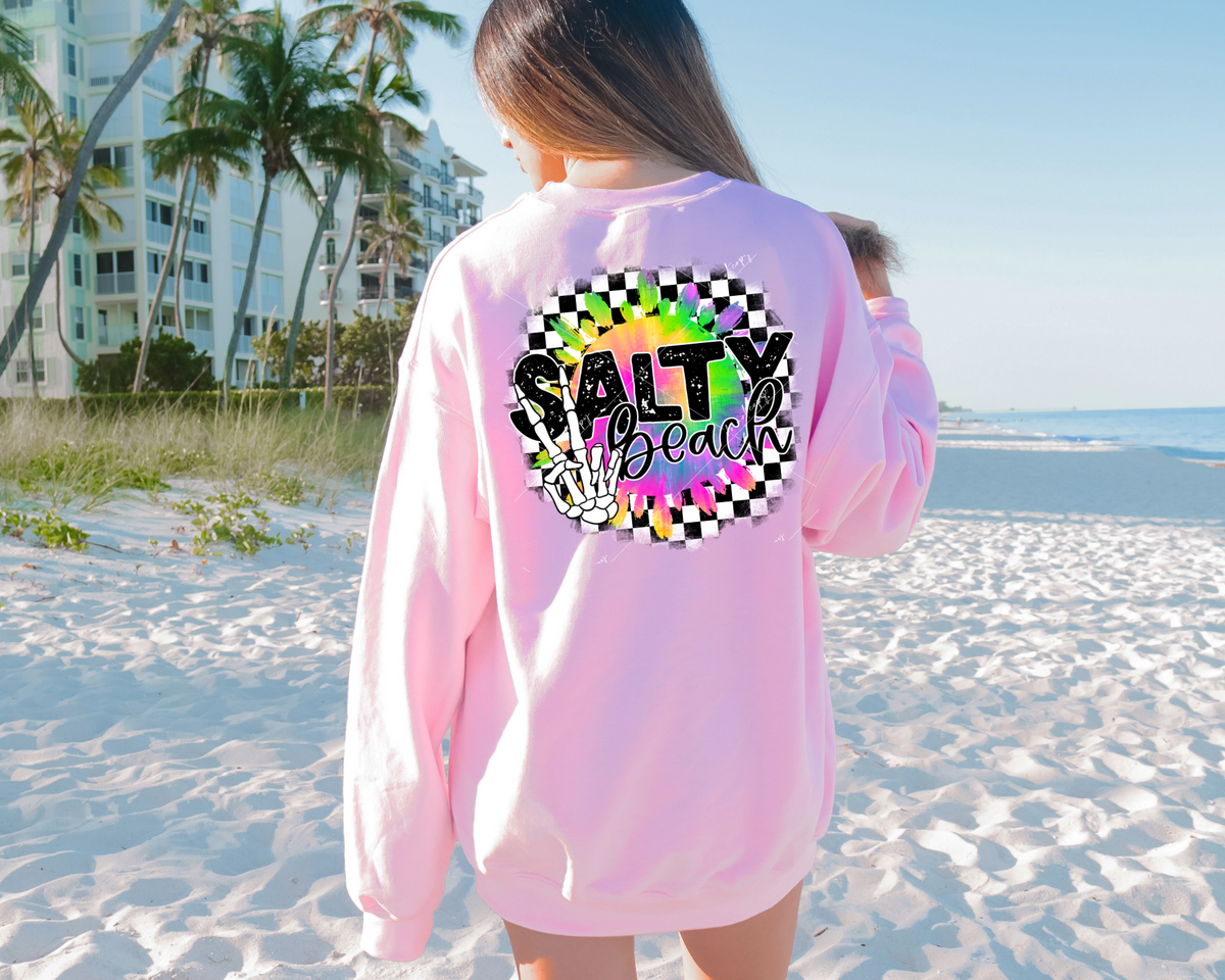 Salty Beach (skeleton hand, race checkers, bright color sun, black distressed lettering) 8985 DTF Transfer
