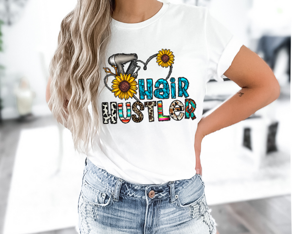 Hair Hustler (western stripes, cow print, leopard print, turquoise stone pattern, hairdryer, scissors, comb, sunflowers) 1457 DTF TRANSFER