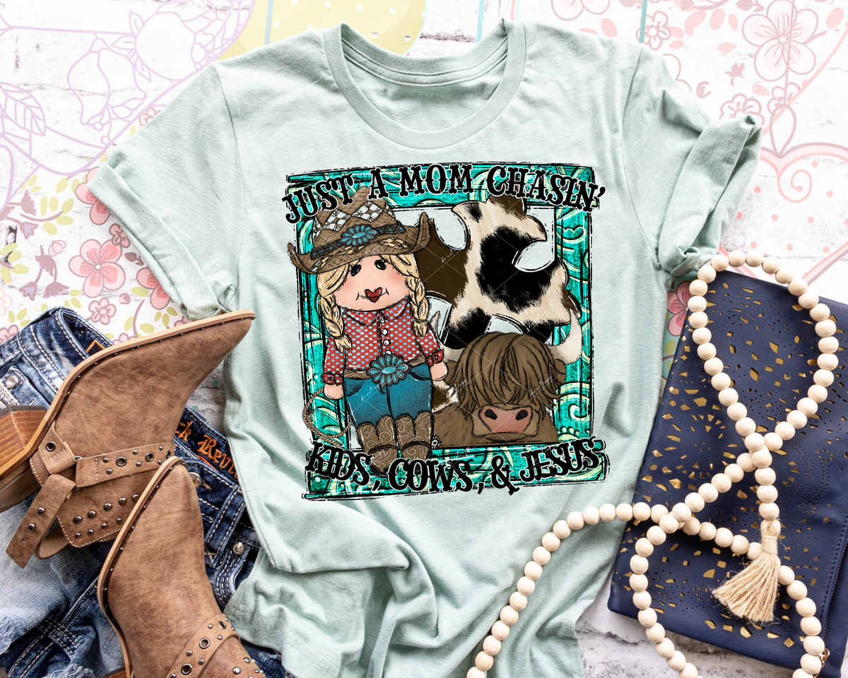 Just A Mom Chasin' Kids, Cows, & Jesus (cowgirl, heifer, cross with cow hide fill, turquoise frame) DTF TRANSFER
