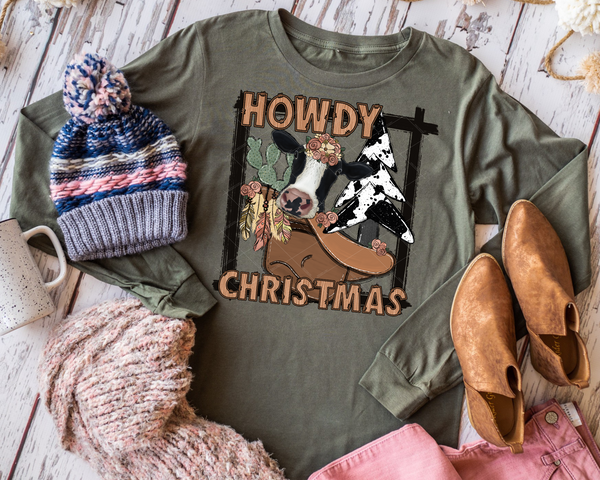Howdy Christmas Country Cow Cow Christmas Tree Cactus Boho 1058 DTF TRANSFER