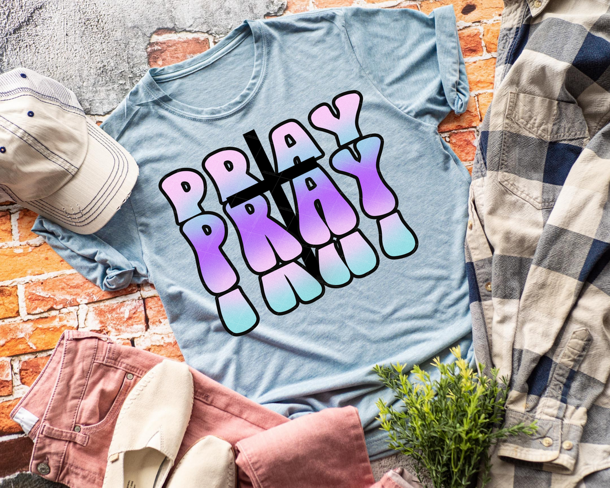 Pray Pray Pray Purple Teal Cross 112669 DTF TRANSFER