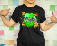 Kiss Me I'm Irish (green leopard print lips, rainbow, gold coins, gold clover) 9705 DTF TRANSFER