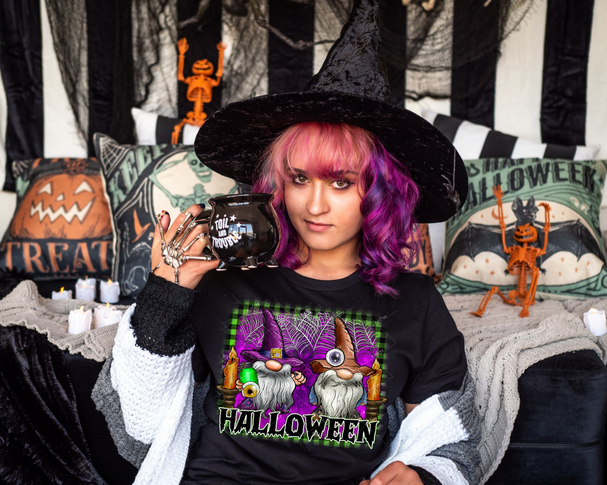 Halloween (gnomes, candles, webs, deep purple, black & green gingham background) 1459 DTF TRANSFER