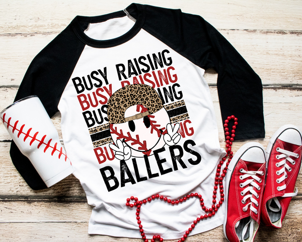 Busy Raising Ballers (baseball, leopard print cap, black and red block distressed lettering) 9707 DTF TRANSFER