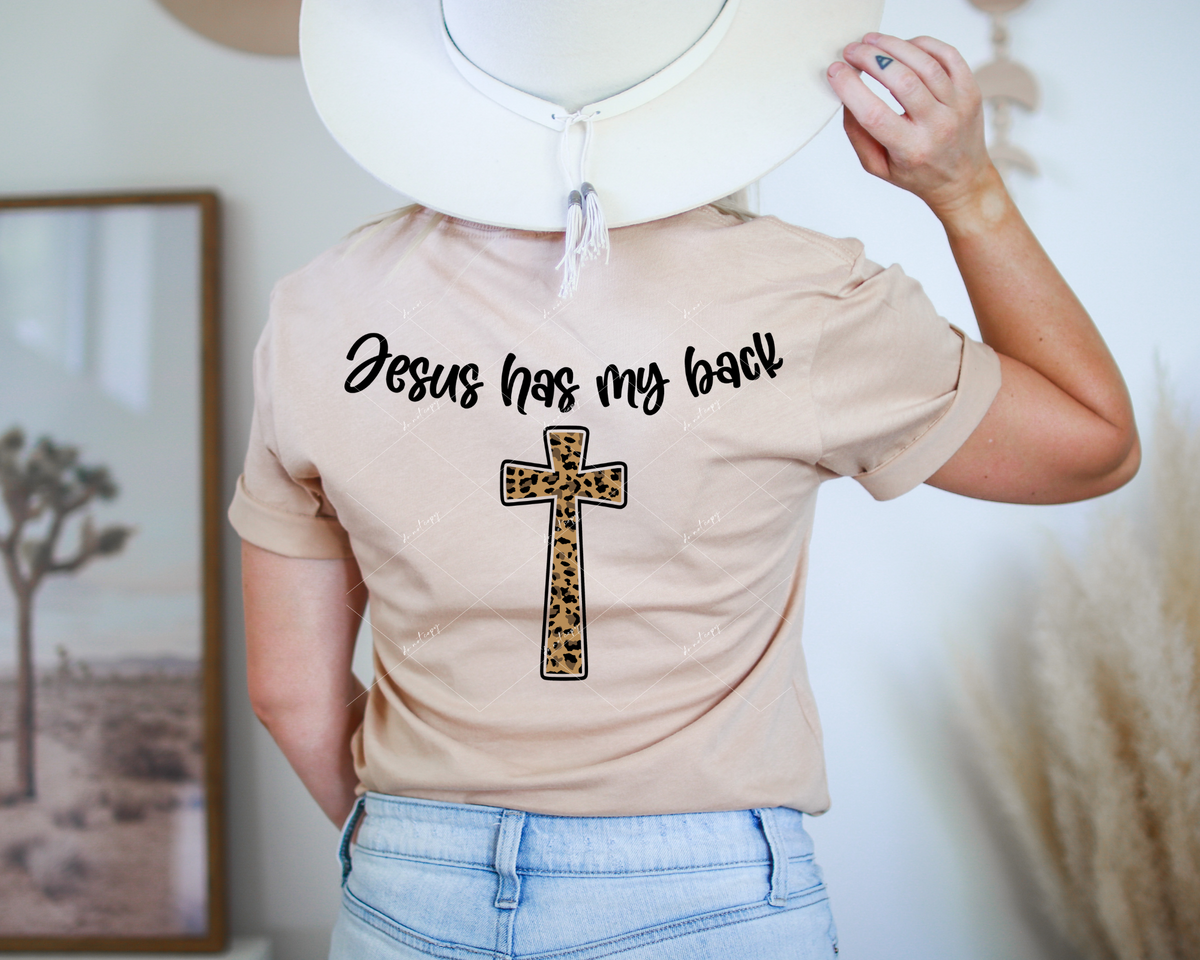 Jesus has my back (black lettering, leopard print cross) 1629 DTF TRANSFER