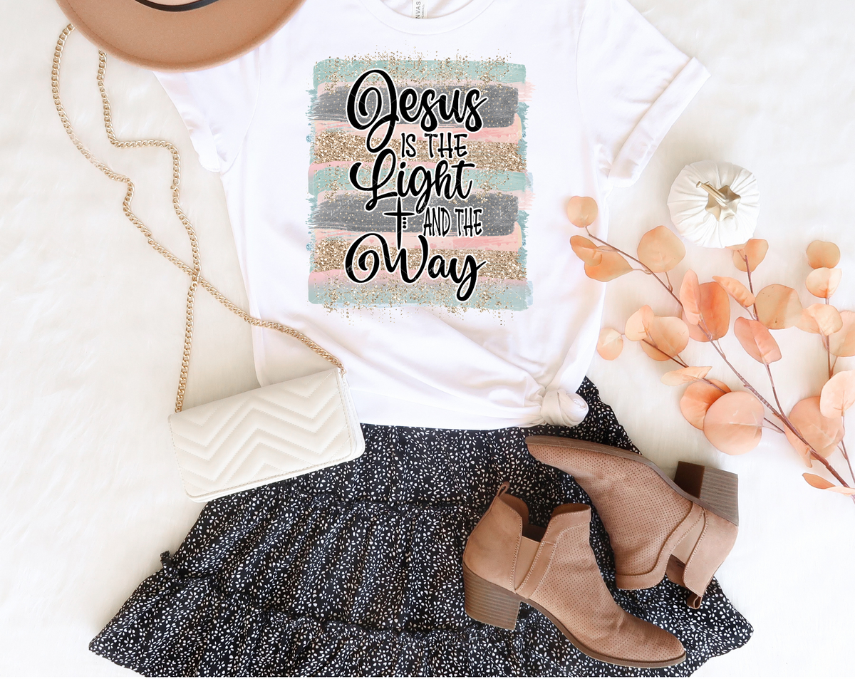 Jesus is the light and the way (mint green, coral, gold glitter and gray paint strokes background, black lettering) 1631 DTF TRANSFER