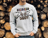 Halloween Daddy (skeleton hands, bats, bubble lettering filled with Halloween patterns, leopard print fill) 1461 DTF TRANSFER