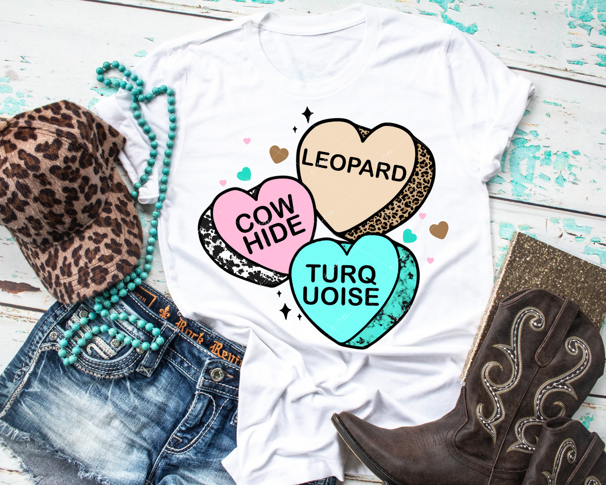 Valentine Hearts, Leopard, Cowhide, Turquoise 9709 DTF TRANSFER