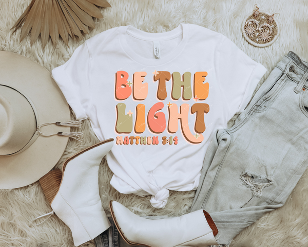 Be the Light - Matthew 5:14 (retro 70's lettering, coral, gold, green colors) 1228 DTF TRANSFER