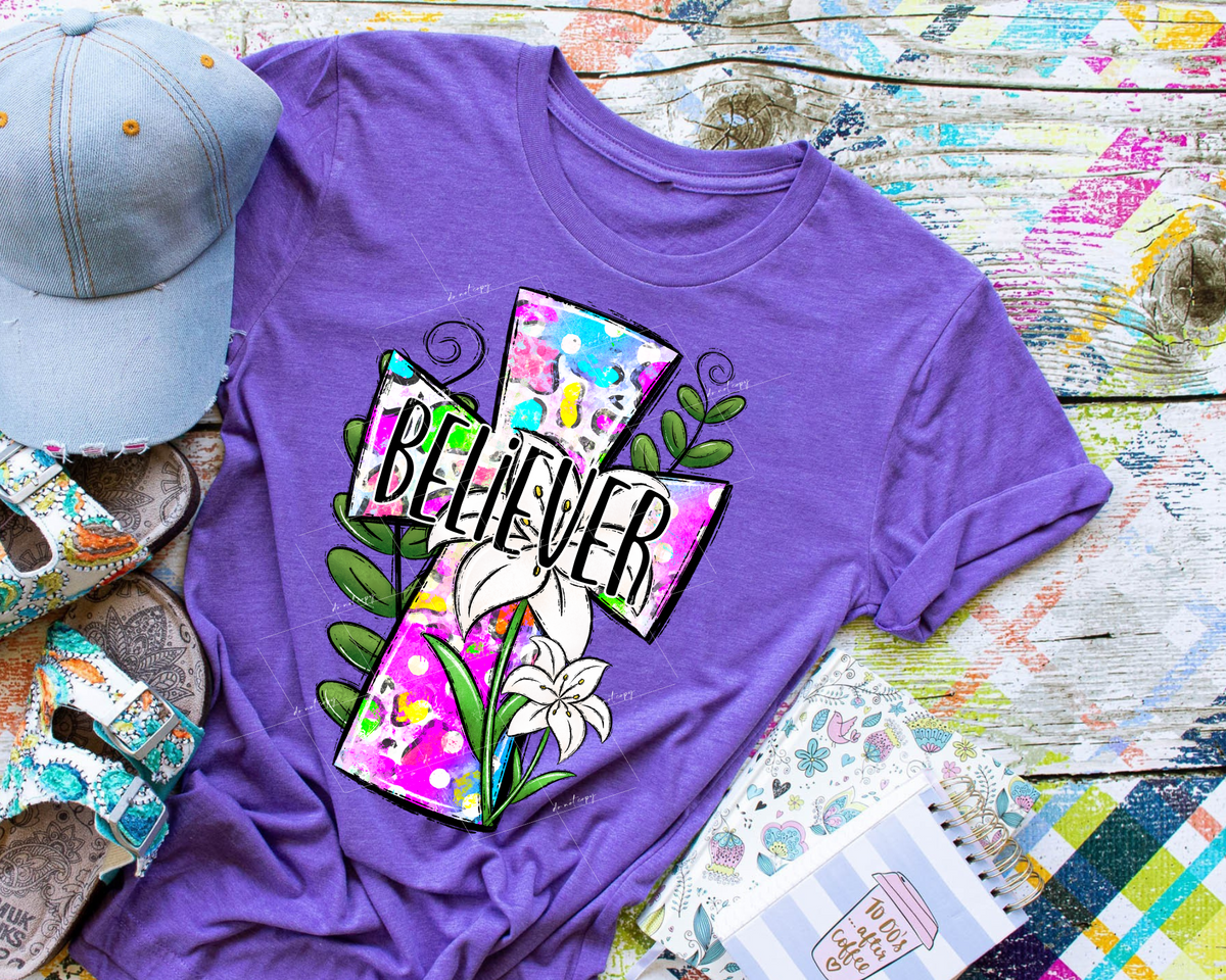 Believer (bright colored cross with white lilies) 23997 DTF TRANSFER