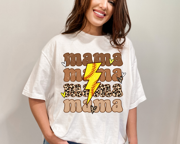 Mama stacked  (softball lightning bolt, leopard print brown & brown shades, 70's vibe lettering) 8910 DTF Transfer