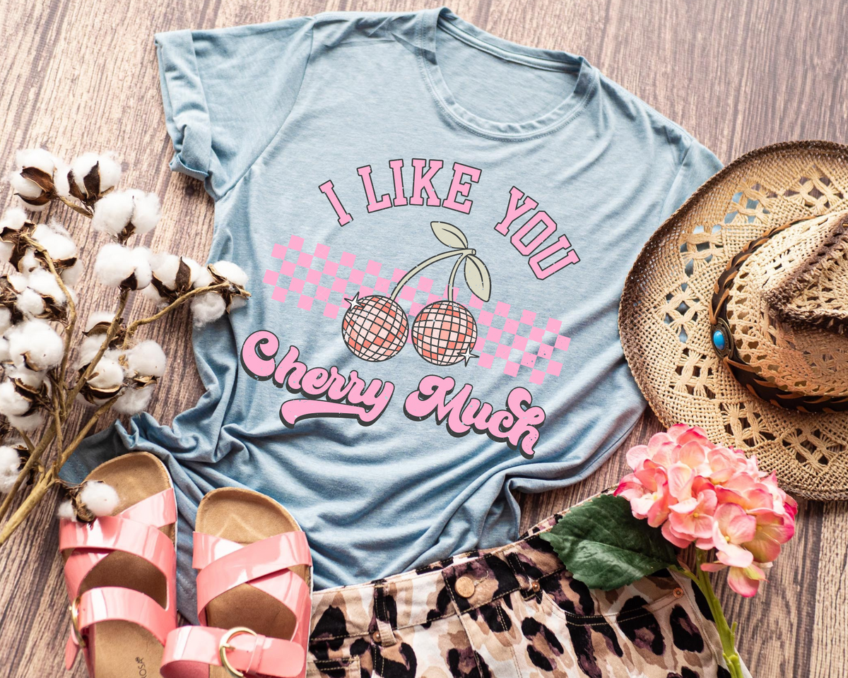 I Like You Cherry Much Checkered Disco Cherries Pink Font 287 DTF TRANSFER