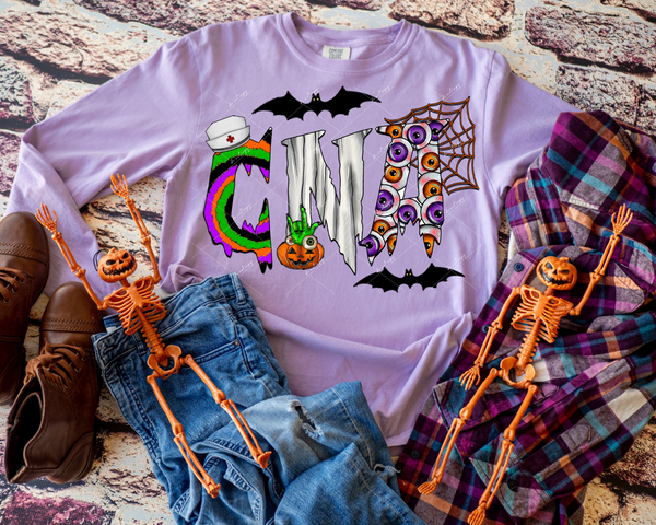 CNA (Halloween lettering with design fill and bats, pumpkin, web and nurses cap, eyeballs, bright colors) 1287 DTF TRANSFER