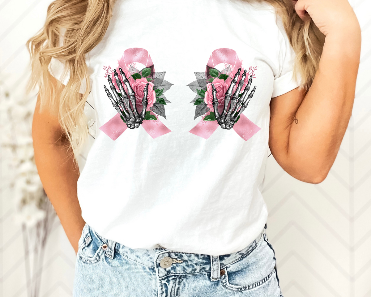 Skeleton hands, pink ribbon, pink roses 112726 DTF TRANSFER