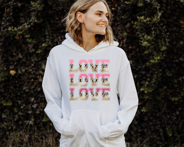 Love Love Love (light pink, leopard print, gold glitter stripe lettering) 1737 DTF TRANSFER