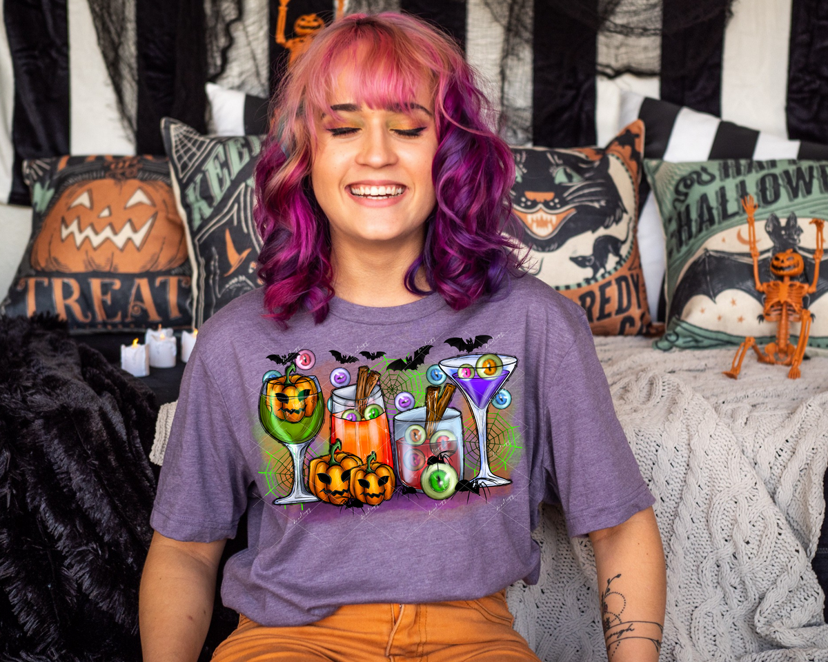Halloween alcohol drinks with pumpkins, eyeballs, bats, webs, spiders 30927 DTF TRANSFER