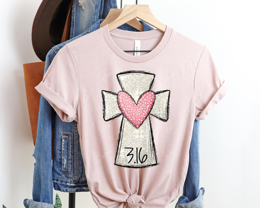 Cross with heart in middle 3:16 (grays, soft pink polka dot heart, light gray pattern fills heart) 1633 DTF TRANSFER