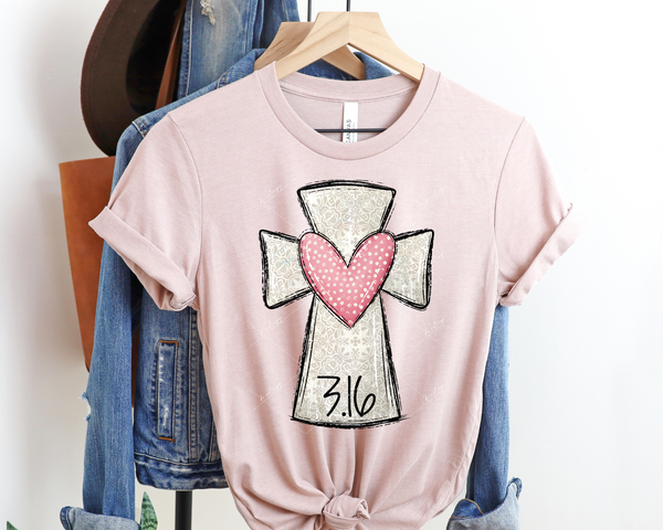 Cross with heart in middle 3:16 (grays, soft pink polka dot heart, light gray pattern fills heart) 1633 DTF TRANSFER