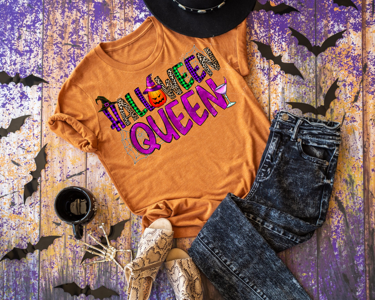 Halloween Queen (martini, pumpkins, witches' hat, webs, lettering in purple and gingham, leopard print) 1463 DTF TRANSFER