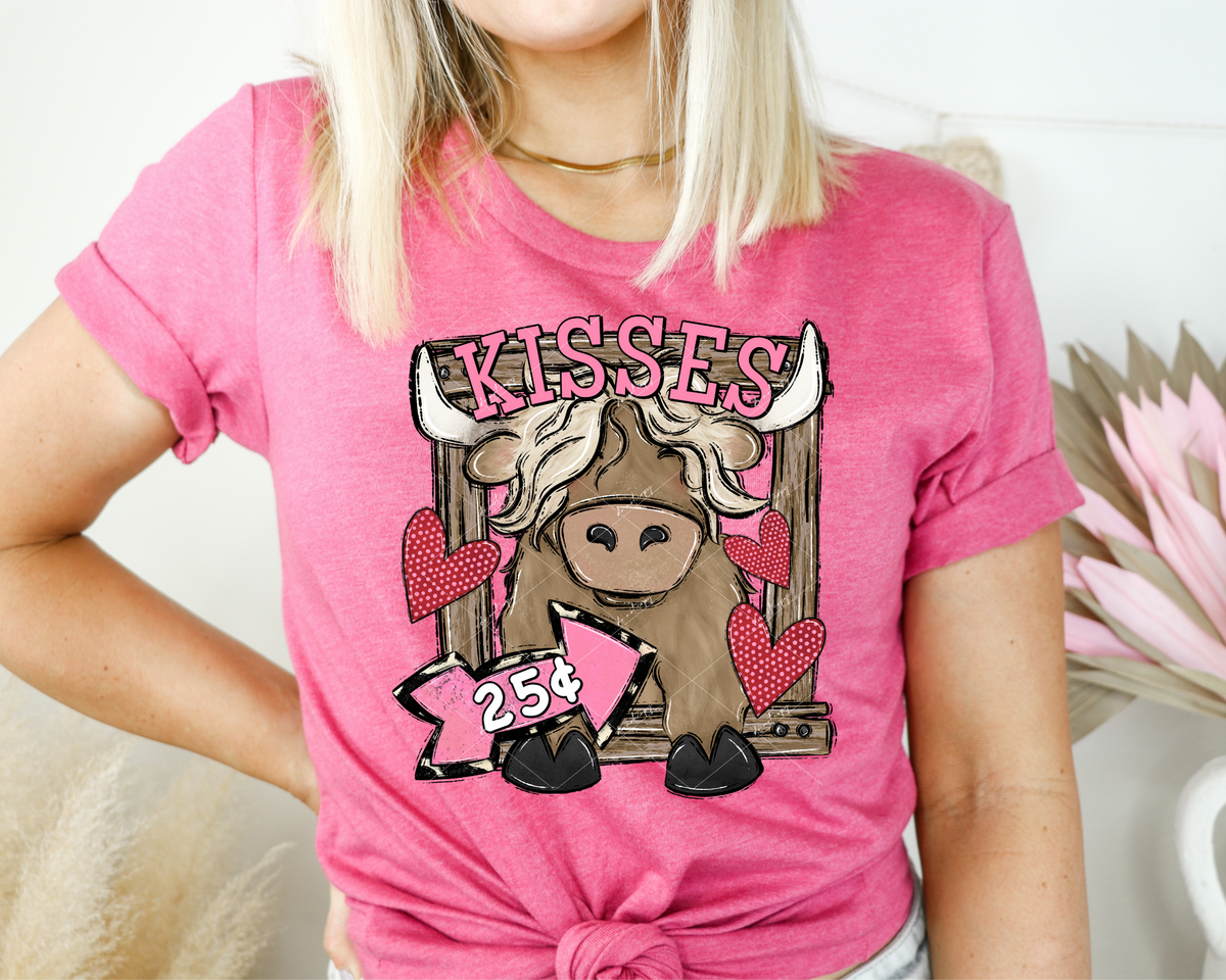 Kisses 25¢ (Valentine long-hair heifer, red polka dots hearts, pink lettering) 1652 DTF TRANSFER