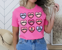 Love Is All You Need (black 70's lettering, valentine heart candies with purples, reds, pinks, with variety of textures) 1741 DTF TRANSFER