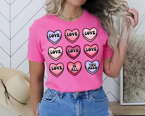 Love Is All You Need (black 70's lettering, valentine heart candies with purples, reds, pinks, with variety of textures) 1741 DTF TRANSFER