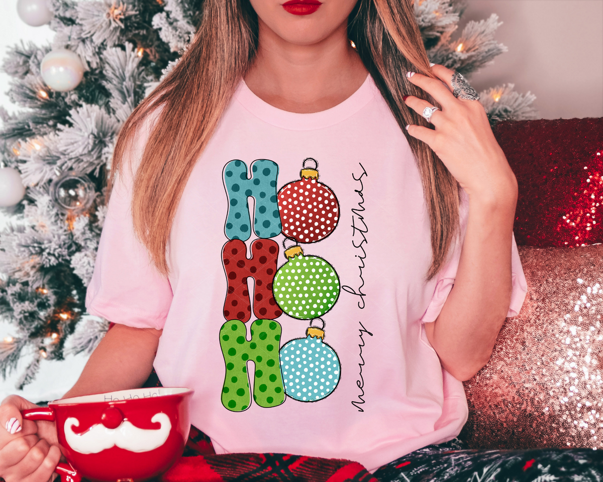 Ho Ho Ho Merry Christmas Christmas Bulbs Green Red Teal 1009 DTF TRANSFER