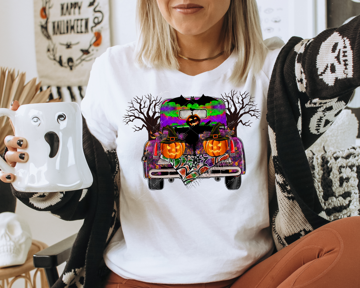 Vintage truck bed, Halloween colors, bat, webs, spooky trees, pumpkins, scarecrow) 1892 DTF TRANSFER