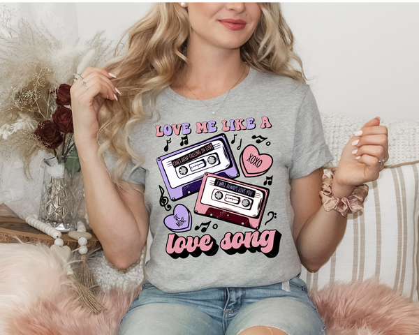 Love Me Like A Love Song (cassettes, hearts, music notes, 70's lettering purple and pink) 1742 DTF TRANSFER