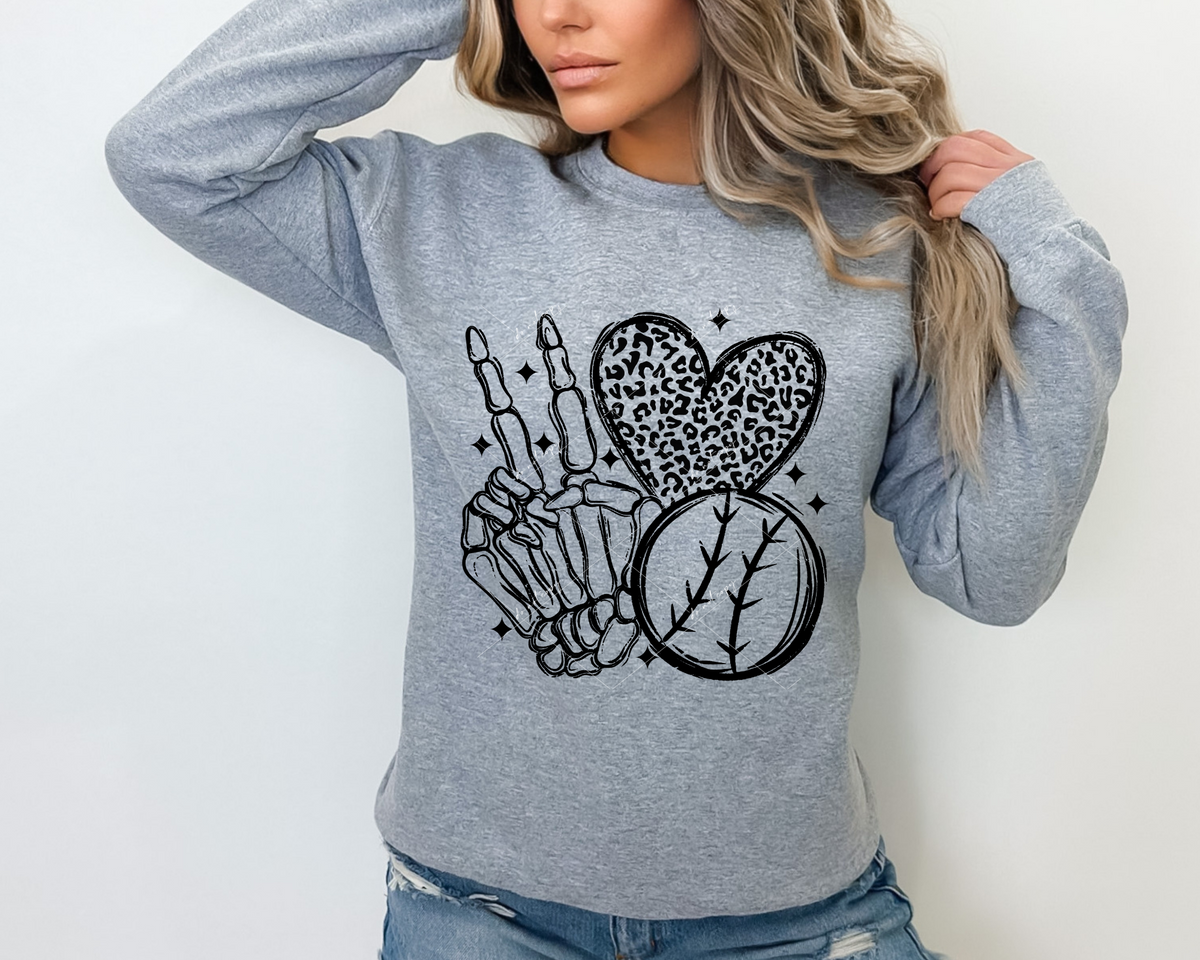 Skeleton peace hand, leopard print filled heart, baseball, black outline 8998 DTF Transfer