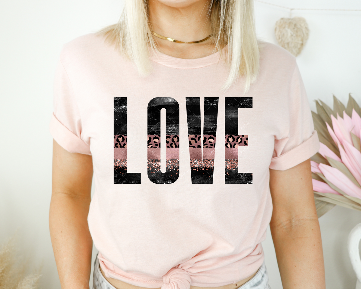 Love (black and rose gold metallic, rose color leopard print, rose gold glitter) 112718 DTF TRANSFER