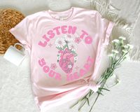 Listen To You Heart (pink human heart with daisies, pink 70's vibe distressed lettering) DTF TRANSFER