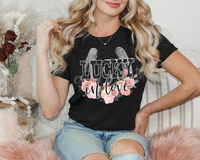 Lucky In Love (silver horseshoe, pink floral clusters, black lettering with silver splatter) 1737 DTF TRANSFER