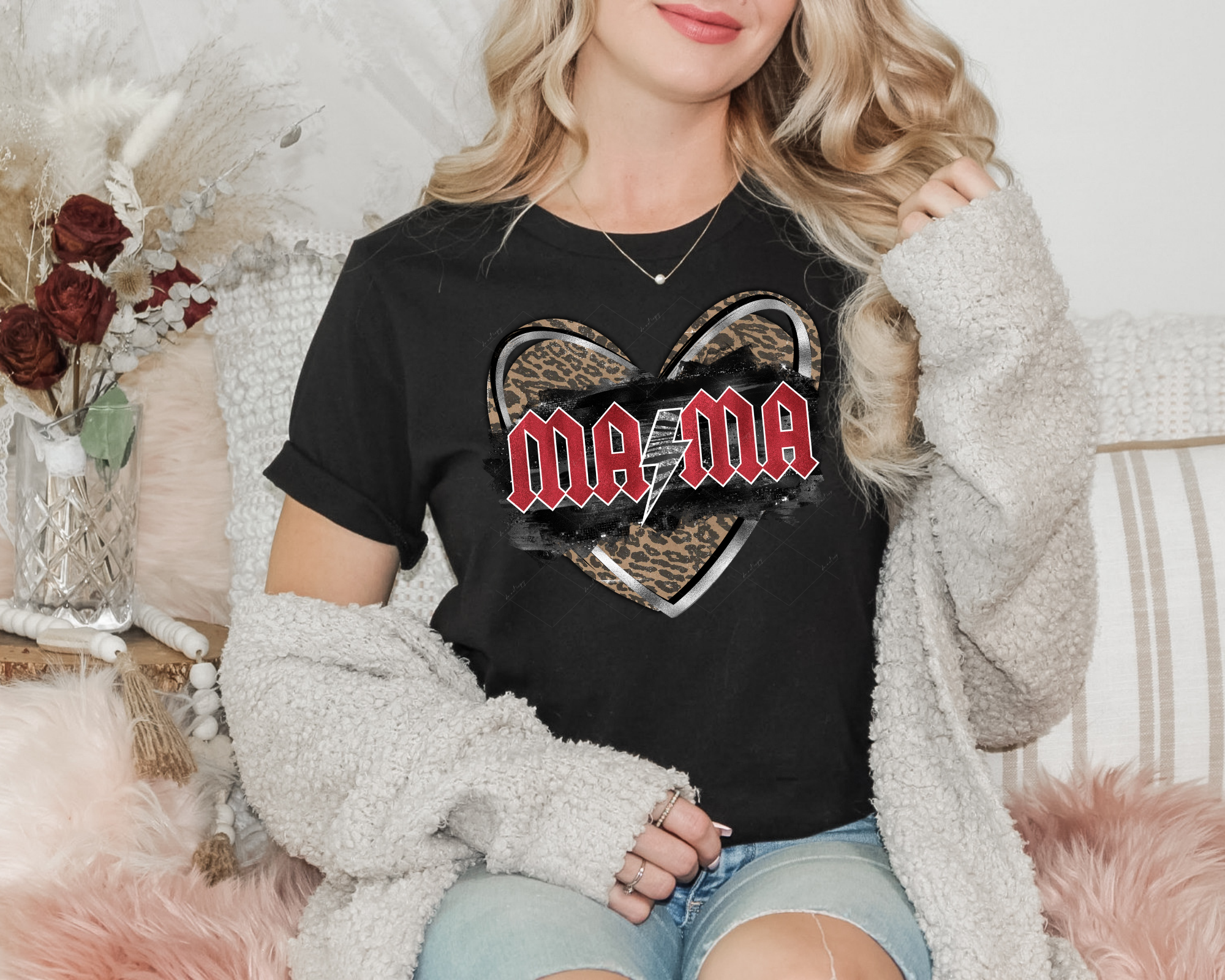 Mama (rock font lettering, heart of leopard print with black, silver m ...