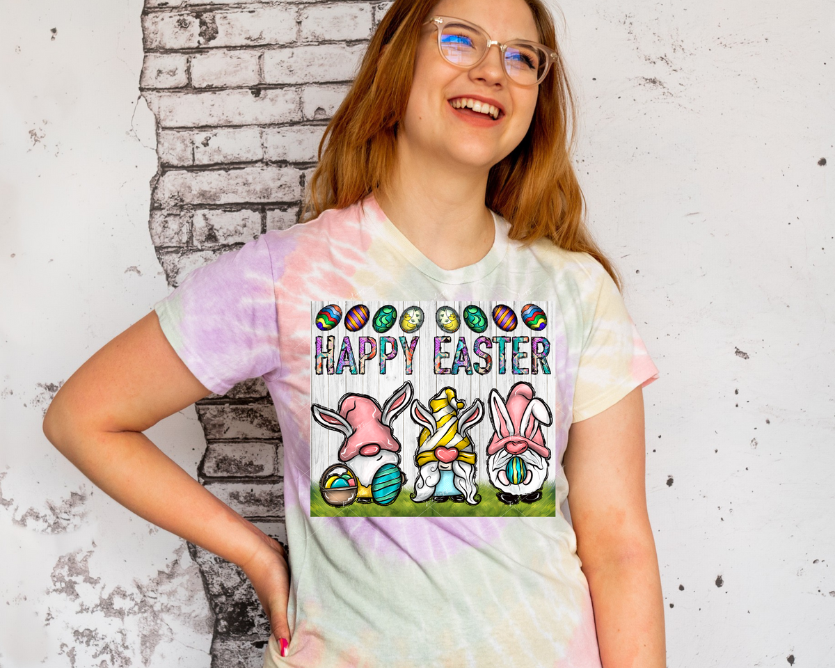 Happy Easter (3 gnomes, Easter eggs, pastel colors) 1472 DTF TRANSFER