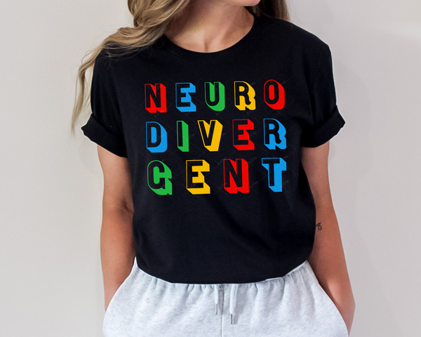 NEURODIVERGENT (square design, bright color shadow with black lettering) 1759 DTF TRANSFER