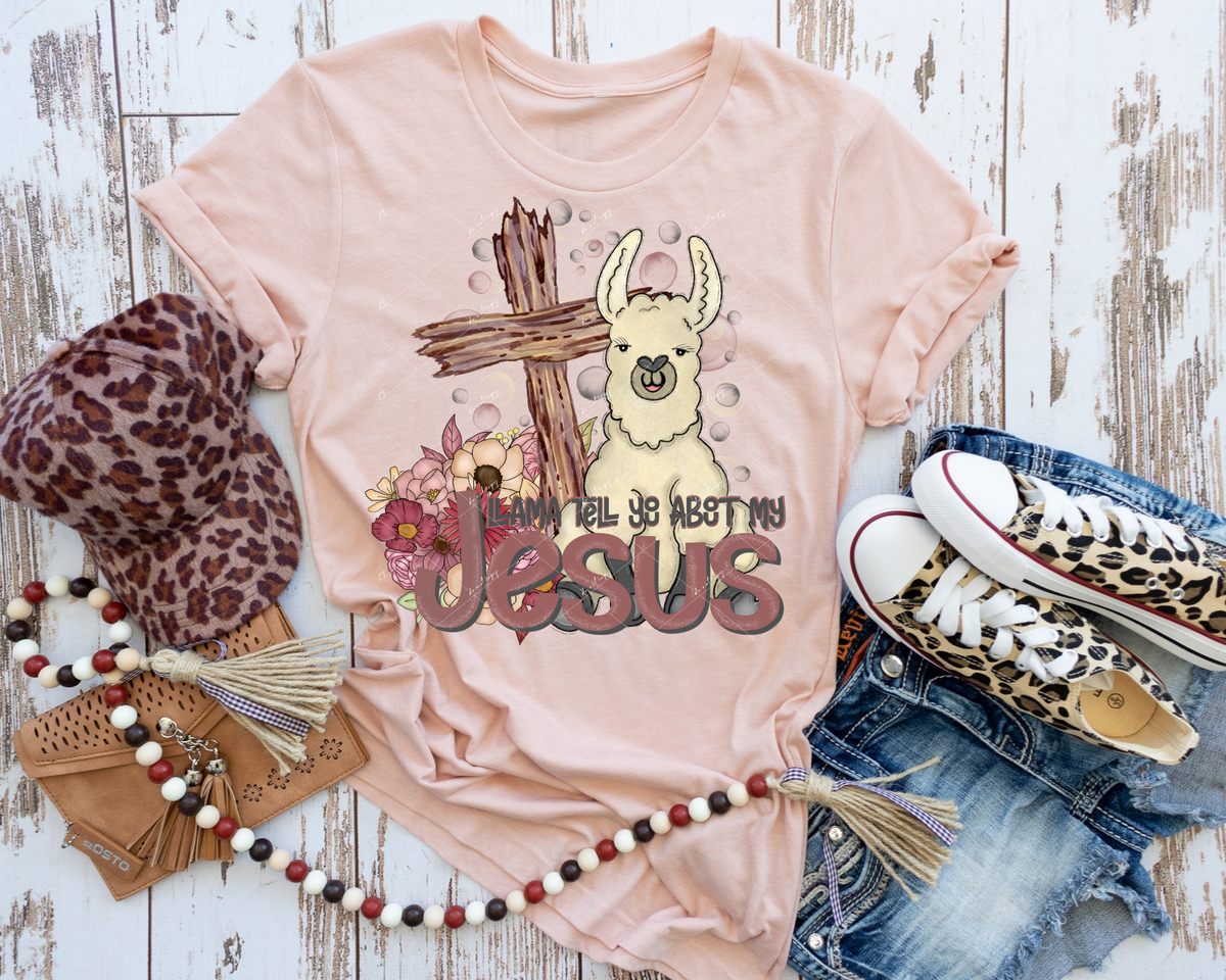 Llama Tell You About My Jesus (llama, mauve color flowers, wooden cross, mauve lettering) DTF TRANSFER