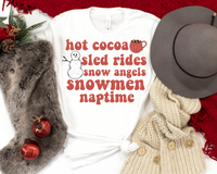 Hot cocoa, sled rides, snow angels, snowmen, naptime (hot cocoa mug, snowman, red round font) 1910 DTF TRANSFER