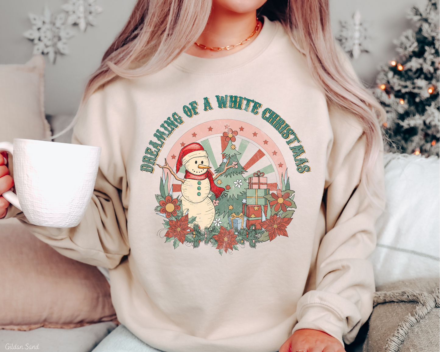 Dreaming Of A White Christmas Snowman Christmas Tree (Green Font) 320 DTF TRANSFER