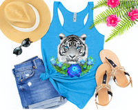 Blue Rainforest Tiger, bright blue flowers, white with black stripes tiger 1335 DTF TRANSFER