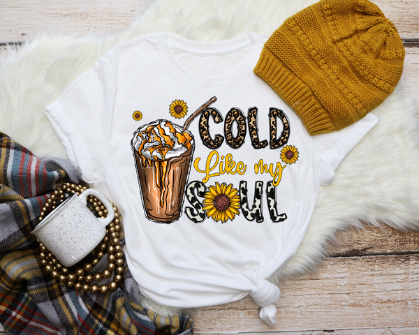 Cold Like My Soul (iced coffee, sunflowers, block lettering with leopard and cow spots fill) 1289 DTF TRANSFER