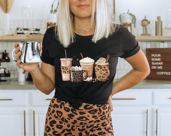 Coffee Please Coffee First (leopard prints, tans and brown colors, coffee cups, coffee beans, hearts) 8835 DTF Transfer