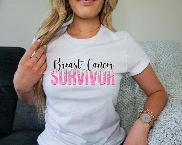 Breast Cancer Survivor (black cursive and pink glittery pink block letters) DTF TRANSFER