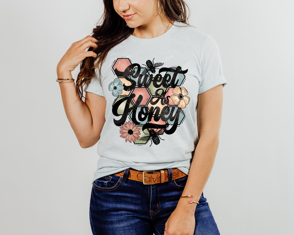 Sweet As Honey (honeycomb background, bees, flowers, muted colors, black lettering) 9004 DTF Transfer