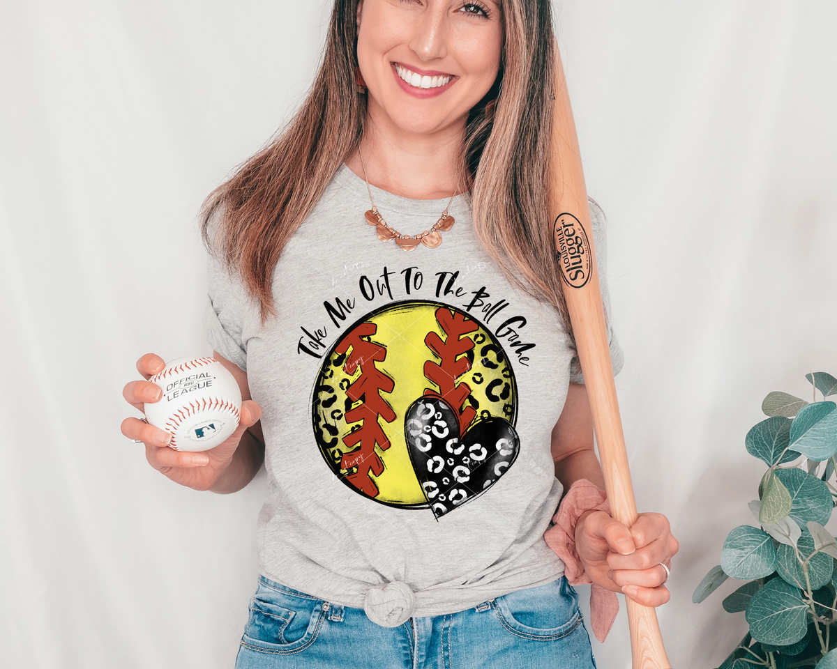 Take Me Out To The Ball Game (softball, small heart, leopard print, black lettering) 112192 DTF Transfer