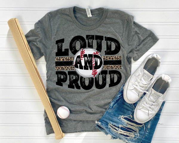 Loud And Proud (baseball, black distressed lettering, leopard print strips) DTF TRANSFER