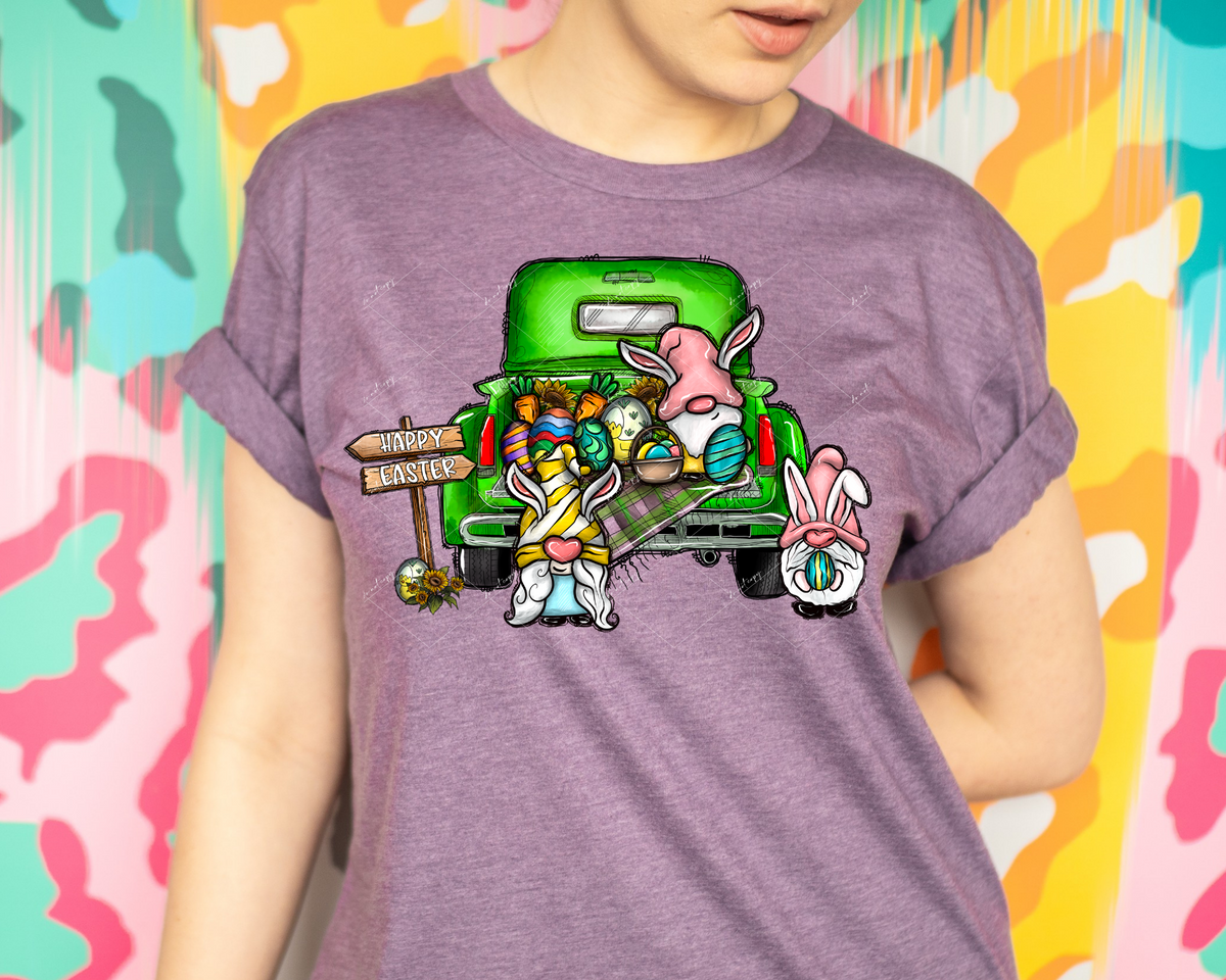 Happy Easter GREEN GNOME TRUCK (vintage green truck bed, gnomes with bunny ears, eggs, carrots, sunflowers) 1476 DTF TRANSFER