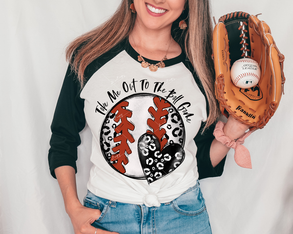 Take Me Out To The Ball Game (baseball, small heart, leopard print, black lettering) DTF Transfer