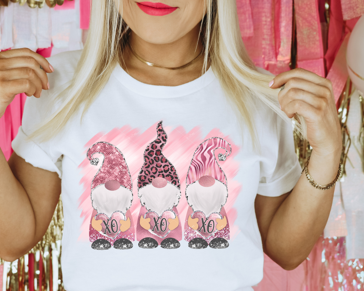 Three pink gnomes with glitter, leopard print, zebra stripes textures) 1789 DTF TRANSFER