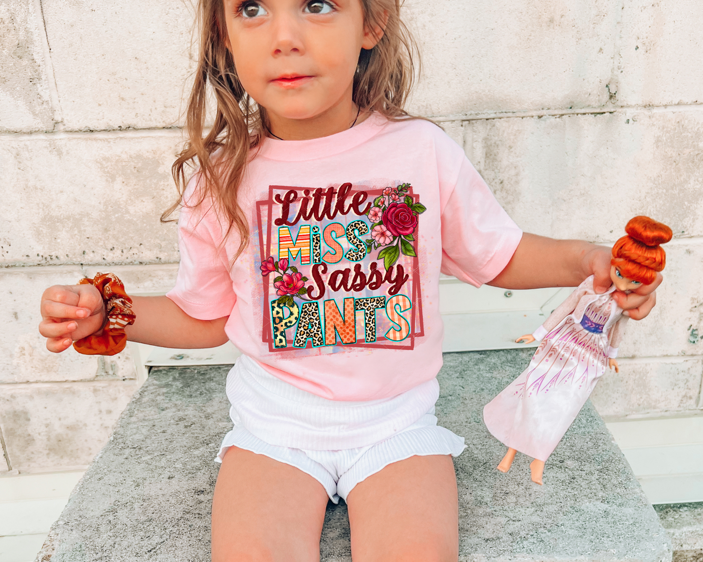 Little miss sassy pants (colorful, red lettering, block print lettering filled with leopard print, orange color prints, dark pink flowers) 1687 DTF TRANSFER